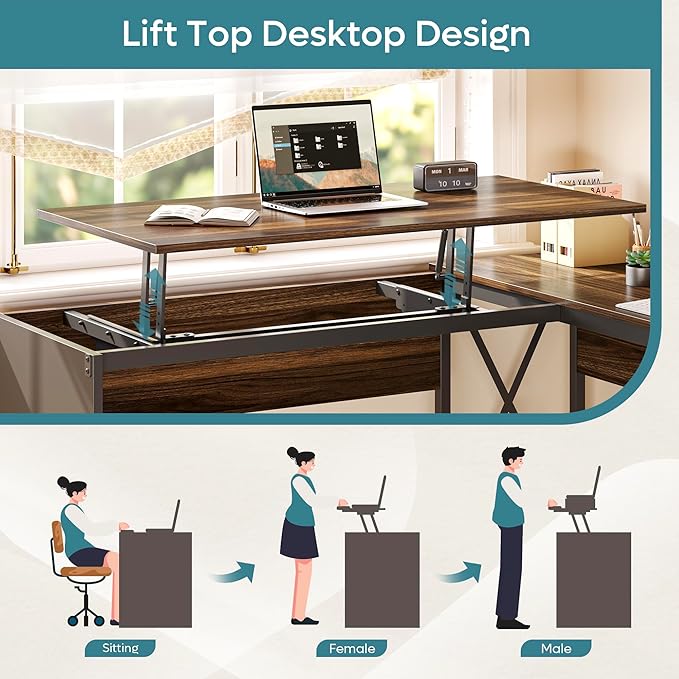 Bestier Lift Top L Shaped Desk with File Drawer, 55'' x 55'' Office Desk with Reversible Storage Drawers, L Shaped Standing Desk with Computer Monitor Stand (Walnut, 55'' x 55'') - LeafyLoom