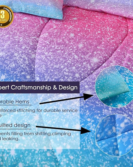 JQinHome Glitter Comforter Set Queen Size, 6 Piece Bed in A Bag 3D Colorful Duvet Pink Blue Bedding Set for Girls Women (1 Comforter,2 Pillowcases,1 Flat Sheet,1 Fitted Sheet,1 Cushion Cover) - LeafyLoom