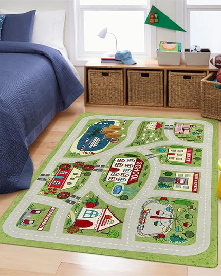 LIVEBOX Green Kids Rug for Playroom, 4'x6' Washable Road Rug for Boys Room, Non-Slip Soft Car Rug for Baby Nursery, Large Kids Floor Mats for Boys Girls Dorm Toy Room Tent - LeafyLoom
