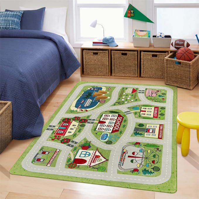 LIVEBOX Green Kids Rug for Playroom, 4'x6' Washable Road Rug for Boys Room, Non-Slip Soft Car Rug for Baby Nursery, Large Kids Floor Mats for Boys Girls Dorm Toy Room Tent - LeafyLoom