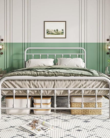 Vintage Queen Size Bed Frame with Headboard and Footboard Mattress Heavy Duty Metal Platform Bed Frame Steel Slat Support (Queen, White) - LeafyLoom