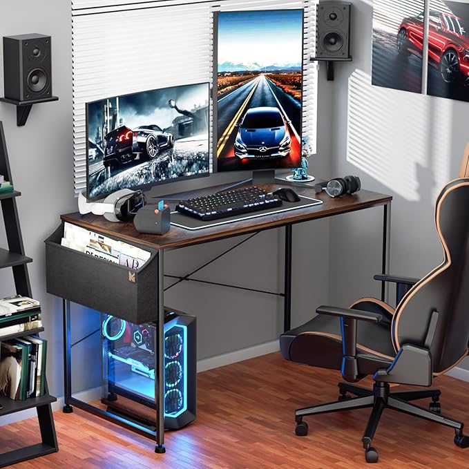 MoNiBloom Home Office Gaming Desk, 47 Inches Computer Study Table with A Storage Bag, Rustic Brown - LeafyLoom