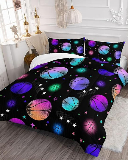 Datura home Kids Comforter Set Glowing Basketball Printed Pattern Bedding Set with 1 Comforter and 2 Pillowcases for Girls Boys Bedroom All Season(Basketball1 Queen) - LeafyLoom