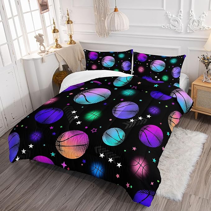 Datura home Kids Comforter Set Glowing Basketball Printed Pattern Bedding Set with 1 Comforter and 2 Pillowcases for Girls Boys Bedroom All Season(Basketball1 Queen) - LeafyLoom