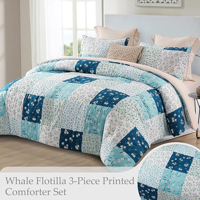 Whale Flotilla King Comforter Set, Soft Reversible Blue Bedding Comforter Set with Boho Pattern, 1 Micoriber Patchwork Comforter and 2 Pillow Shams, 3 Pieces - LeafyLoom