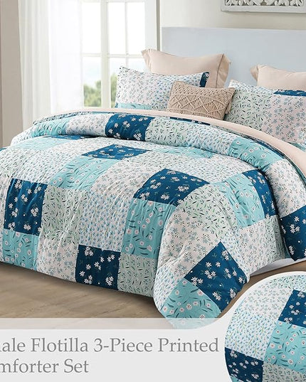 Whale Flotilla Queen Full Comforter Set, Soft Reversible Blue Bedding Comforter Set with Boho Pattern, 1 Micoriber Patchwork Comforter and 2 Pillow Shams, 3 Pieces - LeafyLoom