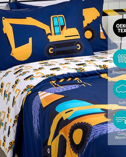 Joiedomi Kid Twin Comforter Set - 5 Piece Construction Vehicle Bedding Set for Boys/Girls - Super Soft Microfiber Bed in a Bag with Comforter, Sheets, Pillowcase & Sham - LeafyLoom