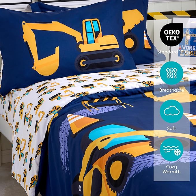 Joiedomi Kid Twin Comforter Set - 5 Piece Construction Vehicle Bedding Set for Boys/Girls - Super Soft Microfiber Bed in a Bag with Comforter, Sheets, Pillowcase & Sham - LeafyLoom