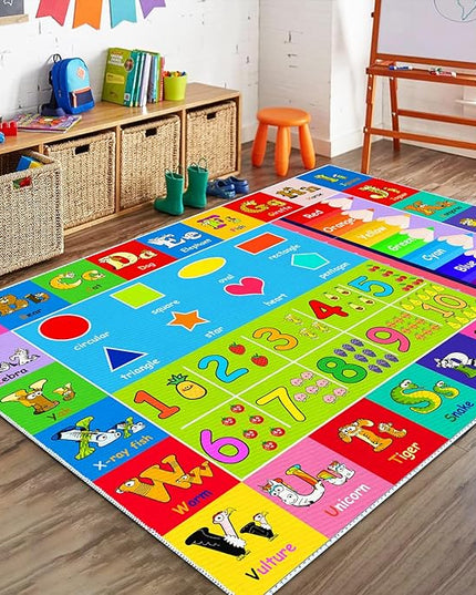 Kids Alphabet Play Game Rug - 5'x7' ABC Numbers and Shapes Educational Learning Toddler Carpet - Kids Room Playroom Classroom Kindergarten Activity Fun Soft Non-Slip Mat - LeafyLoom