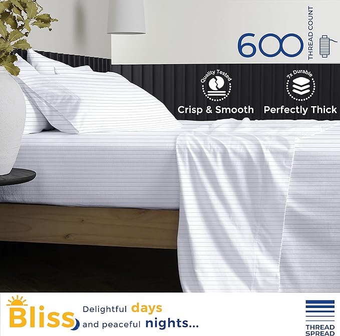 THREAD SPREAD 100% Egyptian Cotton Printed Bed Sheets - 600 Thread Count 4 PC Full Sheet Set, Hotel Luxury Sateen Bedsheets, 16" Deep Pocket Cooling Sheets for Full Size Bed - Pinstripe - Light Grey - LeafyLoom