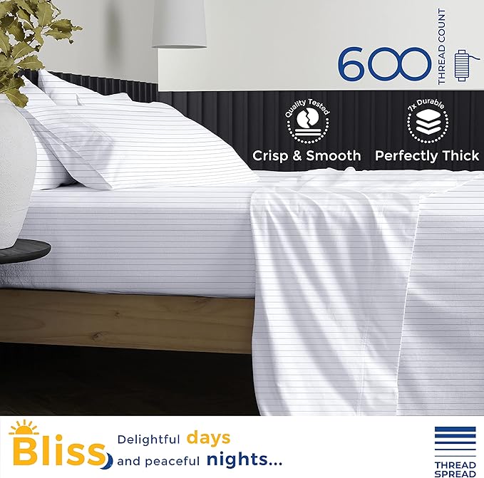 THREAD SPREAD 100% Egyptian Cotton Printed Bed Sheets - 600 Thread Count 4 PC California King Sheet Set, Hotel Luxury Bedsheets, 16" Deep Pocket Sheets for Cal King Size Bed - Pinstripe - Light Grey - LeafyLoom