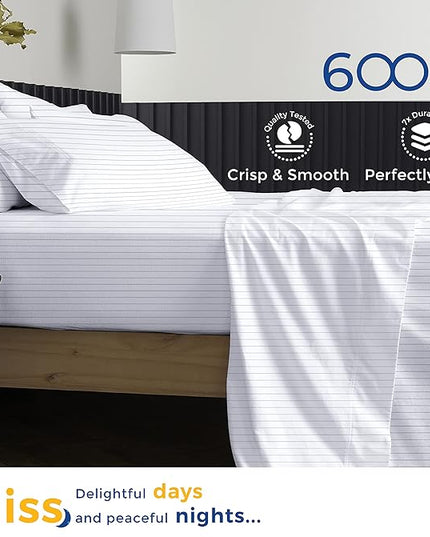 THREAD SPREAD 100% Egyptian Cotton Printed Bed Sheets - 600 Thread Count 4 PC Queen Sheet Set, Hotel Luxury Sateen Bedsheets, 16" Deep Pocket Cooling Sheets for Queen Size Bed - Pinstripe - Light Grey - LeafyLoom