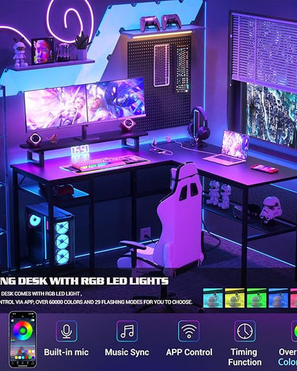 Unikito L Shaped Desk, Reversible Corner Computer Desk with Magic Power Outlets and Smart LED Light, Unique Grid Design, 55 Inch Office Desk with Monitor Stand and Storage Shelf, Black - LeafyLoom