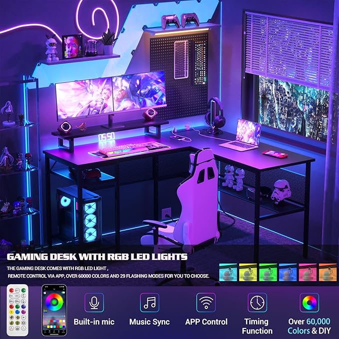 Unikito L Shaped Desk, Reversible Corner Computer Desk with Magic Power Outlets and Smart LED Light, Unique Grid Design, 55 Inch Office Desk with Monitor Stand and Storage Shelf, Black - LeafyLoom