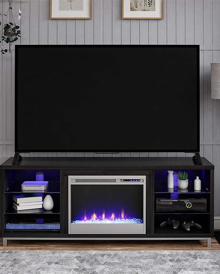 Ameriwood Home Lumina Fireplace TV Stand for TVs up to 70 Inch, Replaceable Electric Fireplace Insert Heater, Remote Control, Timer, Color Changing LED Lights, Crystal Ember Flames, Black Oak - LeafyLoom