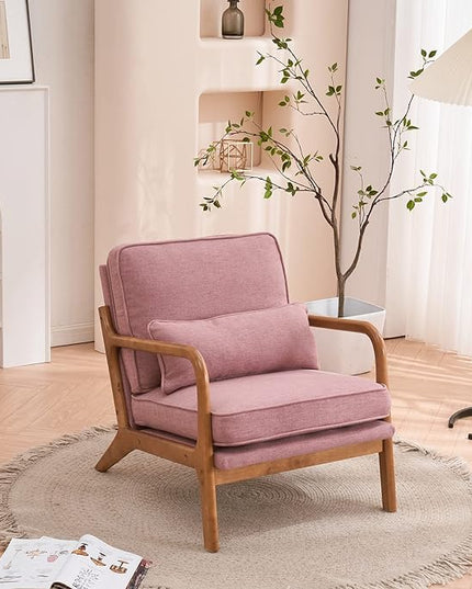 Bonnlo Linen Pink Mid Century Modern Accent Chair, Soild Wood Padding Lounge Armchairs Side Sitting Chairs for Living Room, Bedroom, Guest Room - LeafyLoom