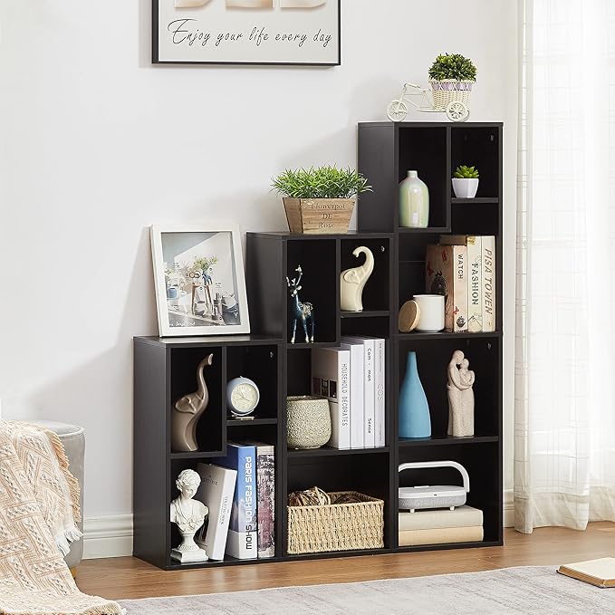VECELO Small Bookshelf, 5 Cube Slim Bookcase, Fits Tallest Hardcovers, Horizontal Available, Modern Floor Standing Unit, Each Shelf Hold Up to 66 LBS, Matte Black - LeafyLoom
