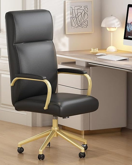 Black and Gold Office Chair, High Back Office Chair for Women, Modern Desk Chair Comfy with Arms, Leather Executive Office Chair with Wheels - LeafyLoom