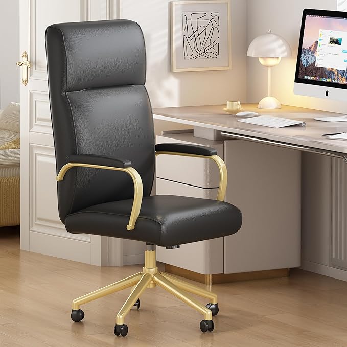 Black and Gold Office Chair, High Back Office Chair for Women, Modern Desk Chair Comfy with Arms, Leather Executive Office Chair with Wheels - LeafyLoom