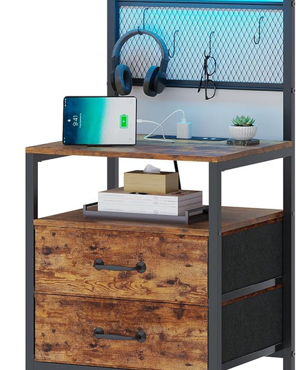 Tall Nightstand with Charging Station and LED Lights, Night Stand with Fabric Drawers, Bedside Table 36.4 Inch with Storage Shelves, Side Table, Mesh Shelves with Metal Hooks, Rustic Brown - LeafyLoom