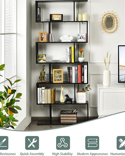 BETTARY 6-Tier Bookshelf, Freestanding S-Shaped Geometric Display Shelf, Modern Tall Bookcase for Home Office, Living Room, Bedroom, Black - LeafyLoom