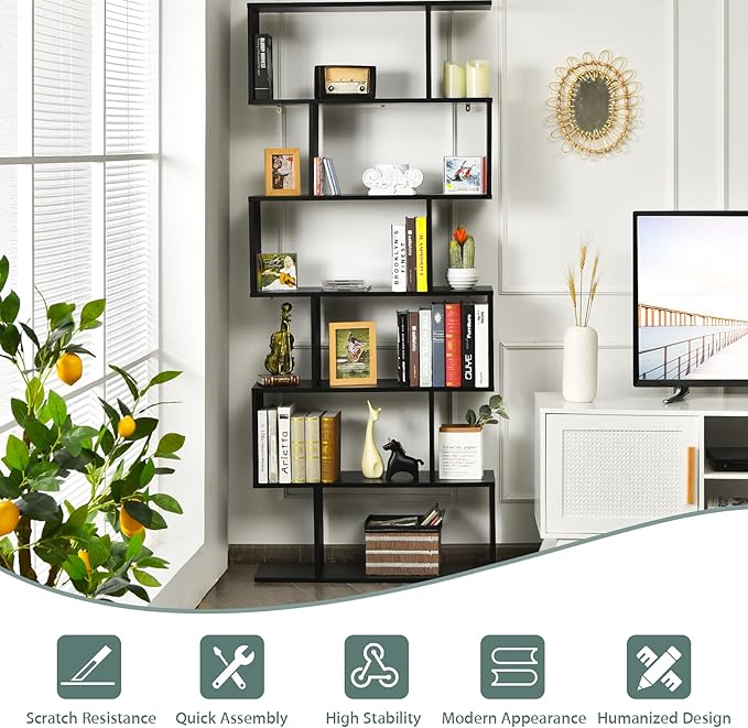 BETTARY 6-Tier Bookshelf, Freestanding S-Shaped Geometric Display Shelf, Modern Tall Bookcase for Home Office, Living Room, Bedroom, Black - LeafyLoom