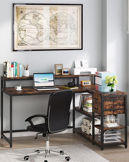 Reversible L-Shaped Computer Desk with hutch & Shelf,rustic - LeafyLoom