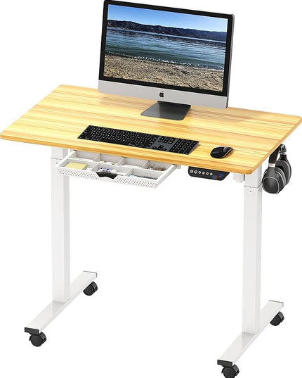 SHW Small Electric Height Adjustable Mobile Sit Stand Desk with Drawer, Hanging Hooks and Cable Management, 40 x 24 Inches, Oak - LeafyLoom