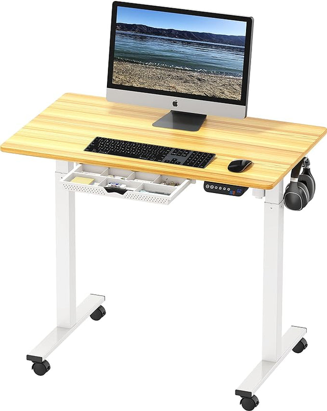 SHW Small Electric Height Adjustable Mobile Sit Stand Desk with Drawer, Hanging Hooks and Cable Management, 40 x 24 Inches, Oak - LeafyLoom