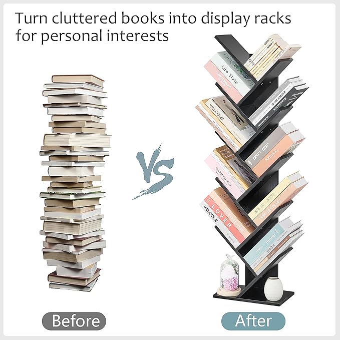 Hoctieon 10 Tier Tree Bookshelf, 10 Shelf Bookcase, Free Standing Tree Bookcase, Display Floor Standing Shelf for Books, Book Organizer Shelves for Home Office, Living Room, Bedroom, Black - LeafyLoom