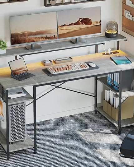 Bestier Computer Desk with Reversible Power Outlets, 55 inch LED Gaming Desk with Monitor Stand & Adjustable Shelves, Writing Desk with Cup Holder & Hook for Home Office, Retro Grey Oak-Light - LeafyLoom