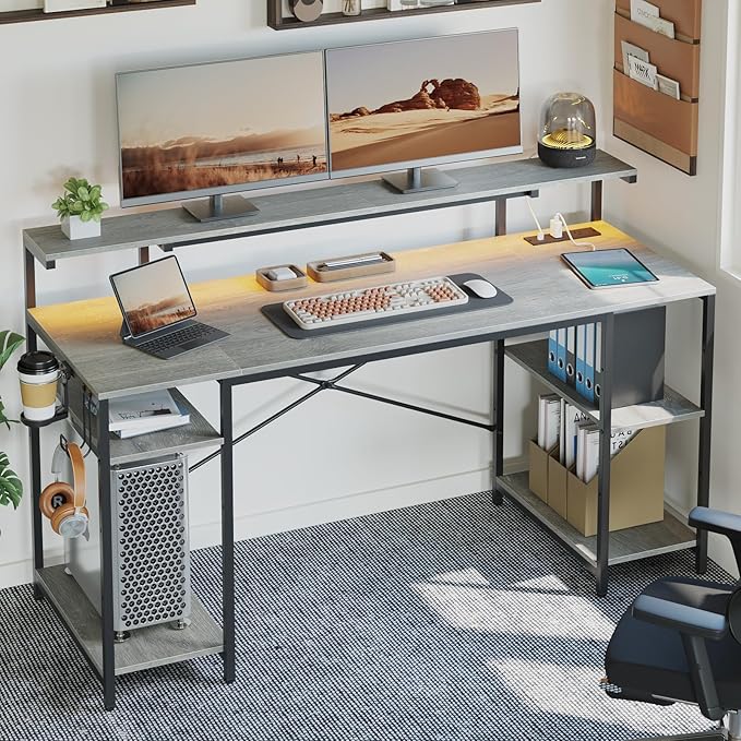 Bestier Computer Desk with Reversible Power Outlets, 55 inch LED Gaming Desk with Monitor Stand & Adjustable Shelves, Writing Desk with Cup Holder & Hook for Home Office, Retro Grey Oak-Light - LeafyLoom
