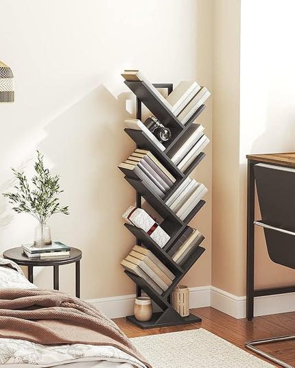 HOOBRO Tree Bookshelf, 9-Tier Bookcase Wooden Shelves, Floor Standing Storage Rack, for Display of CDs, Books in Living Room, Home Office, Wood Storage Rack for Bedroom, Black BB08SJ01G1 - LeafyLoom