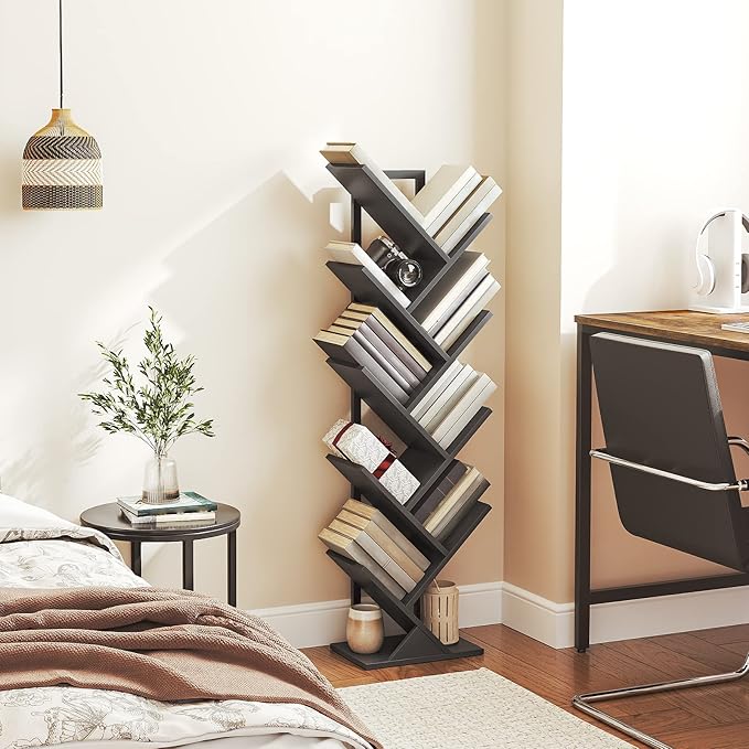 HOOBRO Tree Bookshelf, 9-Tier Bookcase Wooden Shelves, Floor Standing Storage Rack, for Display of CDs, Books in Living Room, Home Office, Wood Storage Rack for Bedroom, Black BB08SJ01G1 - LeafyLoom