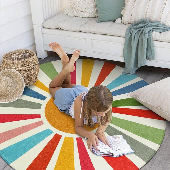 Round Boho Rug 6 Ft Washable Round Area Rug for Playroom, Sunshine Circle Rug for Kids Room, Non-Slip Circluar Rainbow Carpet Soft Large Kids Rug for Classroom Dorm Bedroom - LeafyLoom