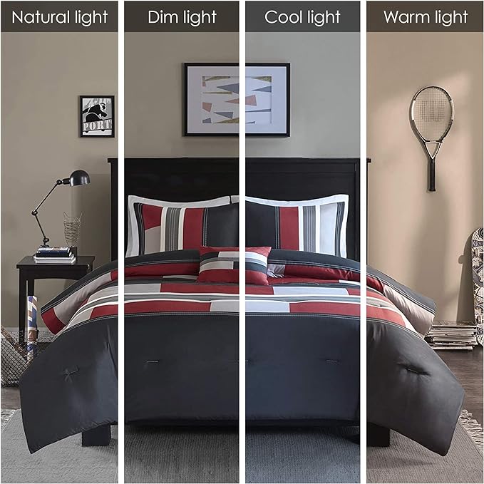 Comfort Spaces Casual Comforter Set Sporty Design, Vibrant Color, Active Lifestyle Boys Bedroom Décor, All Season Soft Microfiber Bedding Set, Decorative Pillow, Sham Black/Red Twin/Twin XL 3 Piece - LeafyLoom