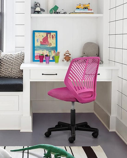 Yaheetech Students Cute Desk Chair Low-Back Armless Study Chair w/Lumbar Support Adjustable Swivel Chair in Home Bedroom School, Rose Red - LeafyLoom