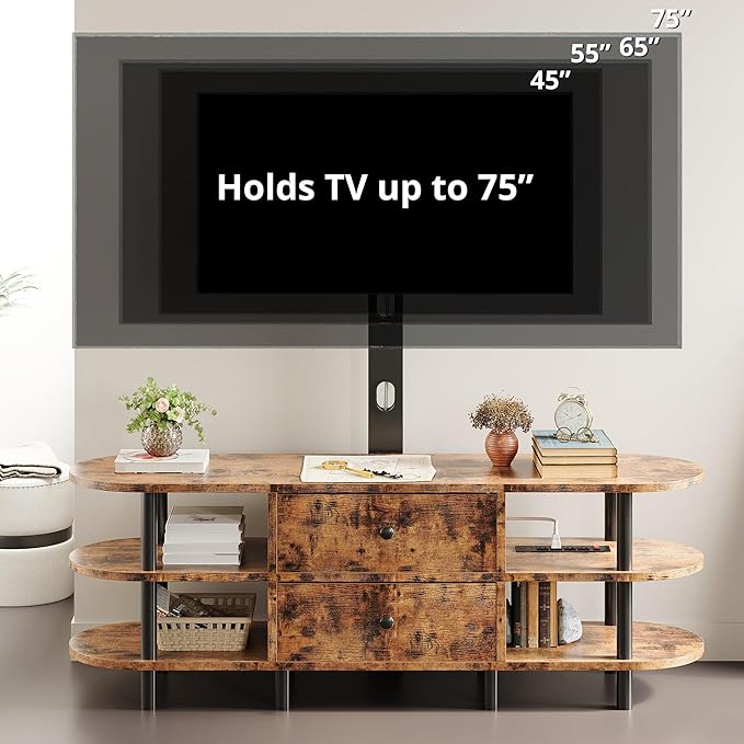 IRONCK TV Stand with Mount and Power Outlet 55", Swivel TV Stand Mount for 75+ inch TV, 3 Tiers TV Console with Drawer and Storage Shelves Entertainment Center - LeafyLoom