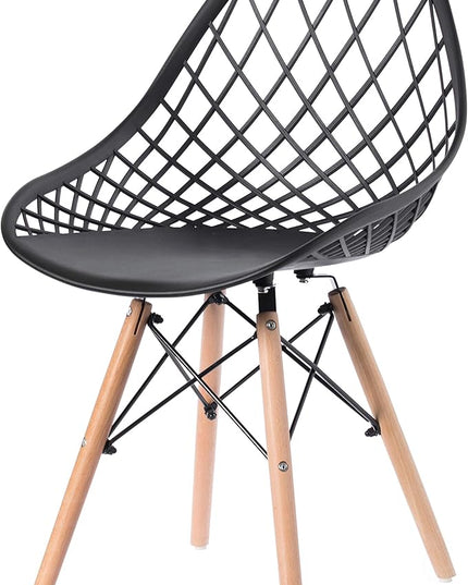 Mid-Century Modern Style Plastic DSW Shell Dining Chair with Lattice Back and Wooden Dowel Eiffel Legs, Black - LeafyLoom