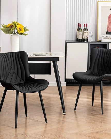 YOUTASTE Black Dining Chairs Set of 2 Upholstered Mid Century Modern Kitchen Dining Room Chairs Armless Faux Leather Accent Chairs Metal Vanity Lounge Chair with Back for Living Room Bedrooms - LeafyLoom