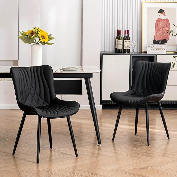 YOUTASTE Black Dining Chairs Set of 2 Upholstered Mid Century Modern Kitchen Dining Room Chairs Armless Faux Leather Accent Chairs Metal Vanity Lounge Chair with Back for Living Room Bedrooms - LeafyLoom