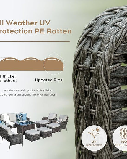 Yechen Patio Conversation Set 10 Seats with 44" Propane Gas Fire Pit Table - 7 Pcs Outdoor Wicker Furniture Set with Lid & Wind Shields - Sectional Sofa Set for Porch,Backyard - LeafyLoom