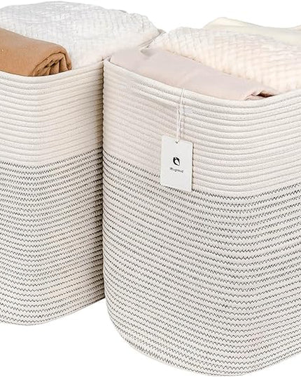 Cloth Large Blanket Basket,Storage Basket Bins Rectangle Small Woven Baskets for Storage, Nursery Cotton Rope Basket Living Room, Toy Basket For Organizing, Clothes Laundry Baskets set of 2 - LeafyLoom