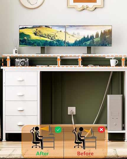 Furologee Desk with Power Outlets and LED Lights, 47in Gaming Computer Desk with 4 Fabric Drawers, Home Office Desk with Full Monitor Stand and Shelf, Study Writing Desk for Bedroom, White - LeafyLoom