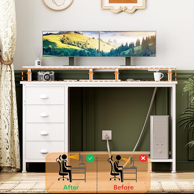 Furologee Desk with Power Outlets and LED Lights, 47in Gaming Computer Desk with 4 Fabric Drawers, Home Office Desk with Full Monitor Stand and Shelf, Study Writing Desk for Bedroom, White - LeafyLoom