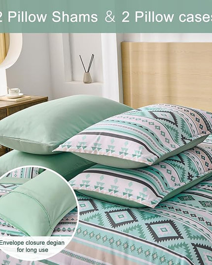 Dinjoy Boho King Size Bed in A Bag 7 Pieces,Sage Green Comforter Set Aztec Striped Bedding Set Bohemian Patchwork Complete Set Geometric Pattern Comforters for Women Men 90"×104" - LeafyLoom