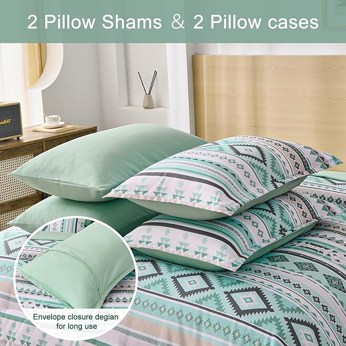 Dinjoy Boho King Size Bed in A Bag 7 Pieces,Sage Green Comforter Set Aztec Striped Bedding Set Bohemian Patchwork Complete Set Geometric Pattern Comforters for Women Men 90"×104" - LeafyLoom