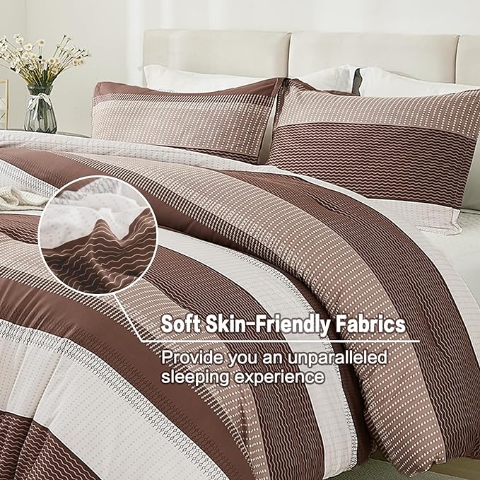 Litanika Brown Comforter Set King - 3 Pieces Lightweight Brown White Colorblock Stripe Fluffy Bedding Comforter Sets, All Season Bed Set - LeafyLoom