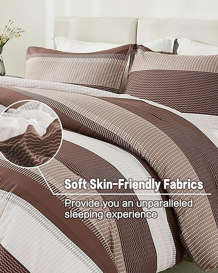 Litanika Brown Comforter Set Twin/Twin XL - 2 Pieces Lightweight Brown White Colorblock Stripe Fluffy Bedding Comforter Sets, All Season Bed Set - LeafyLoom