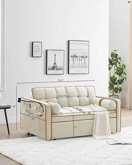 Multi-Functional Convertible Sleeper Sofa Pull Out Bed with Phone Stand and Side Pockets, 3 in 1 Futon Loveseat Couch Pullout Sofabed w/Reclining Backrest and Pillows for Living Room Office RV - LeafyLoom